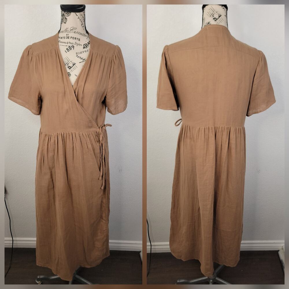 Things Between Wrap Maxi Dress SZ M 100% Cotton Gauze Cottage cover Up Brown